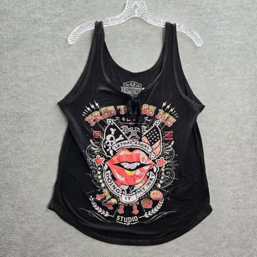 Lethal Angel Women Tank Top 1X Black‎ Kiss My Tats Tattoo Sleeveless
